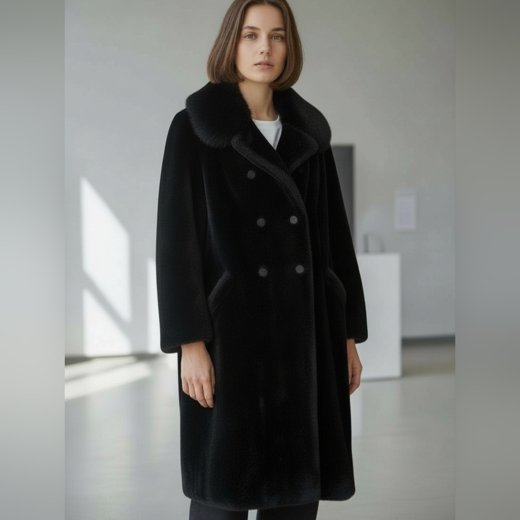 Vintage 60s 70s Borgana Borgazia Black Faux Fur Coat Double Breasted Size M / L